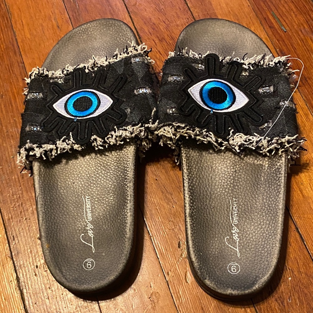 Frayed Black denim evil Eye Slides sandals distressed NEW